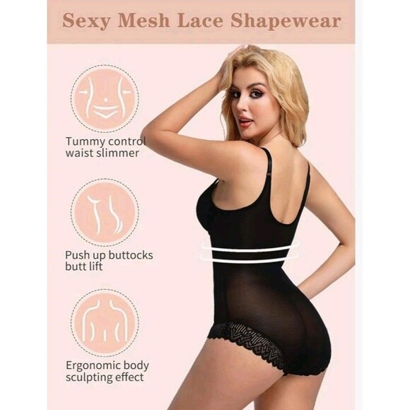 New Slimers Women's XL Black Backless Plunge  Lace  Body Shaper Suit Bra V Neck - Picture 10 of 11